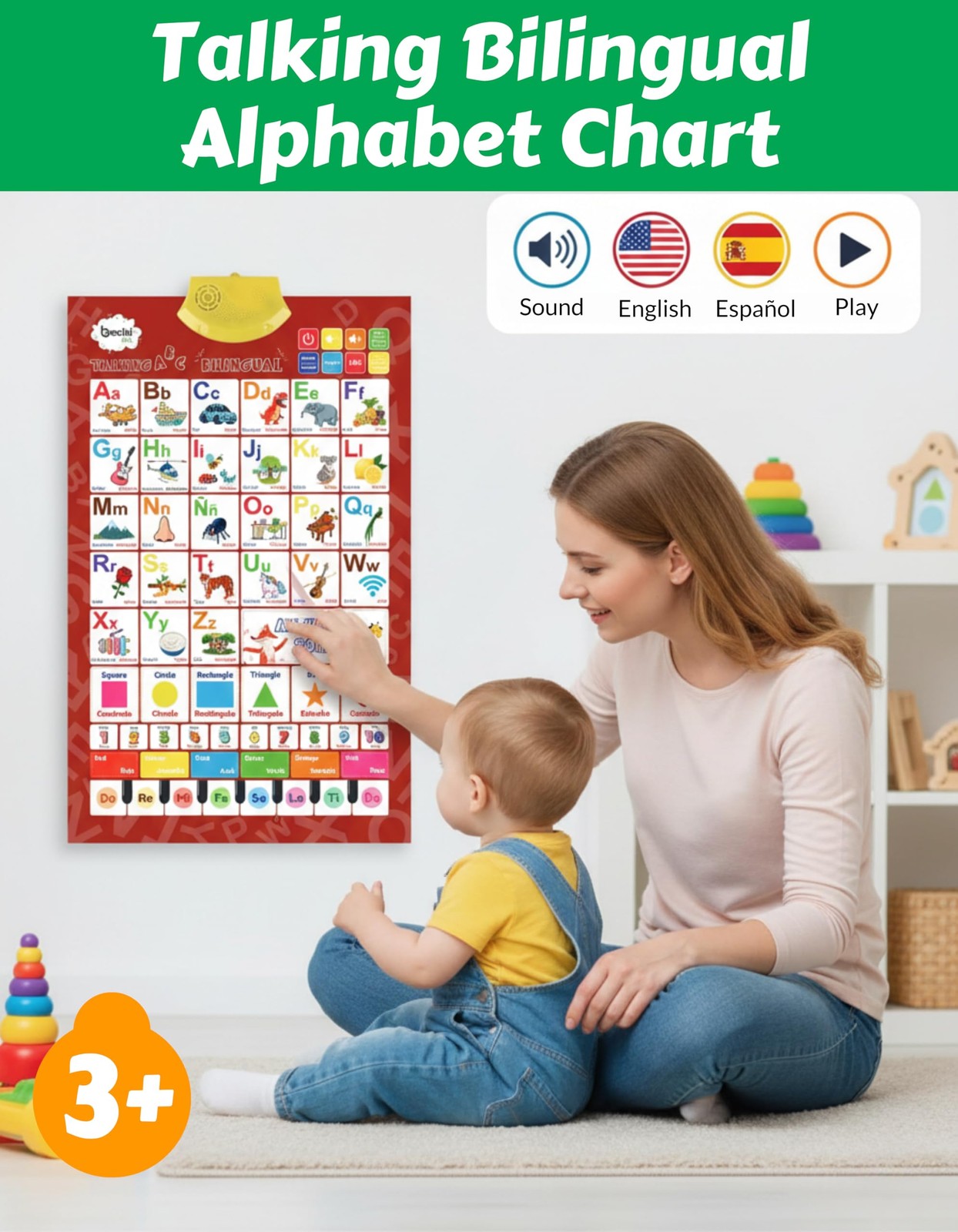 Boxiki Kids Bilingual English and Spanish Interactive Alphabet Wall Chart for children, featuring colorful letters and illustrations.