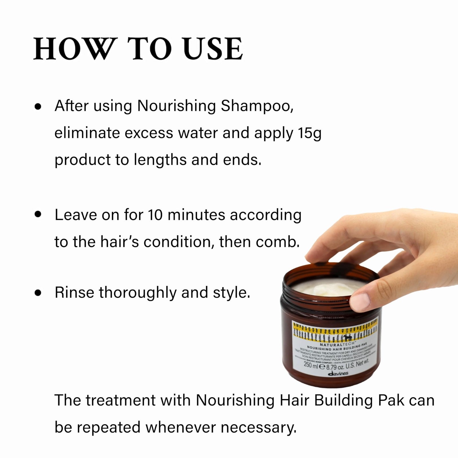 Davines Naturaltech Nourishing Hair Building Pack applied to hair shaft, revitalizing and restructuring damaged hair.