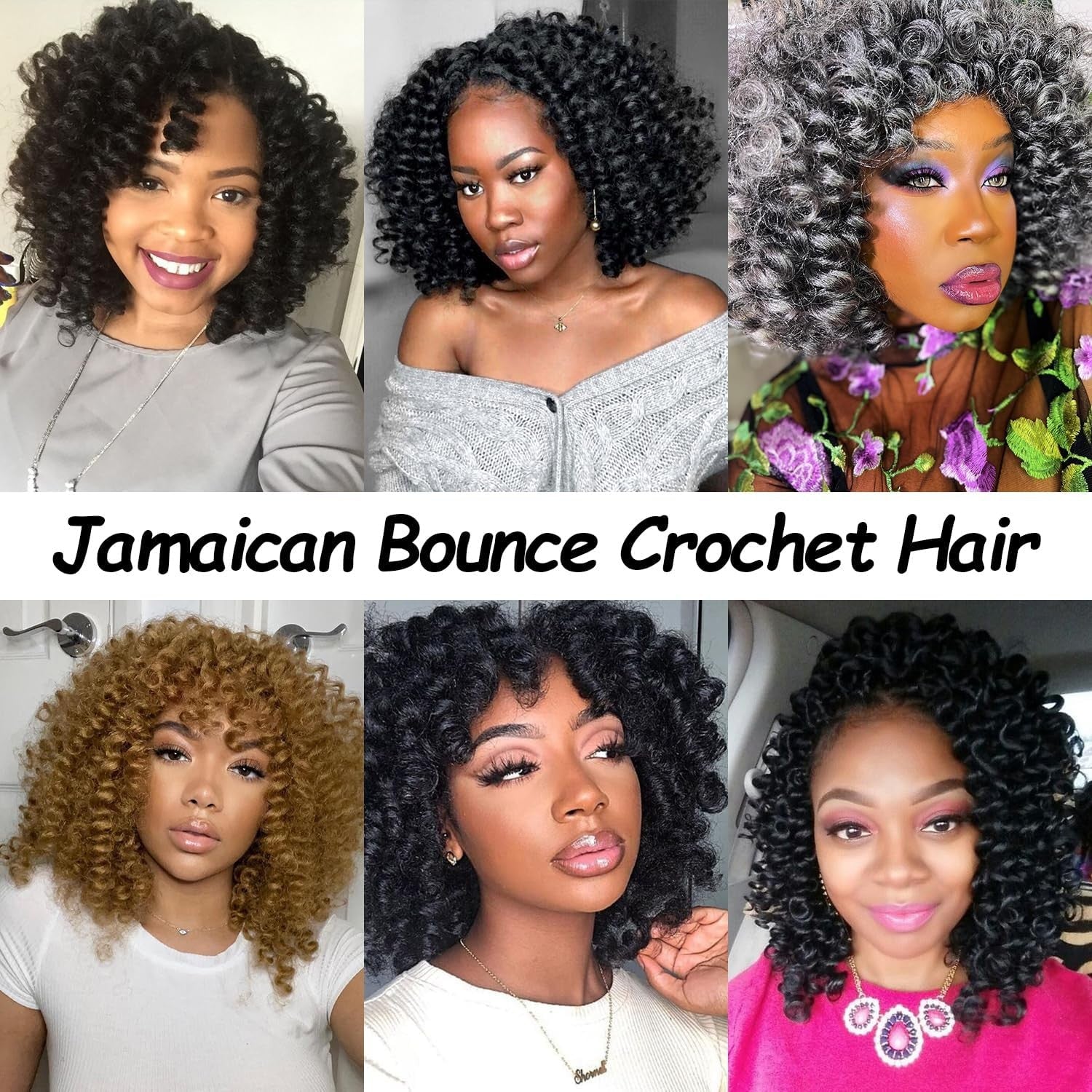 Eight-inch Jamaican Bounce crochet hair by Kenkenten with 22 curly strands, displayed in four packs, showcasing the jumpy wand curl style.