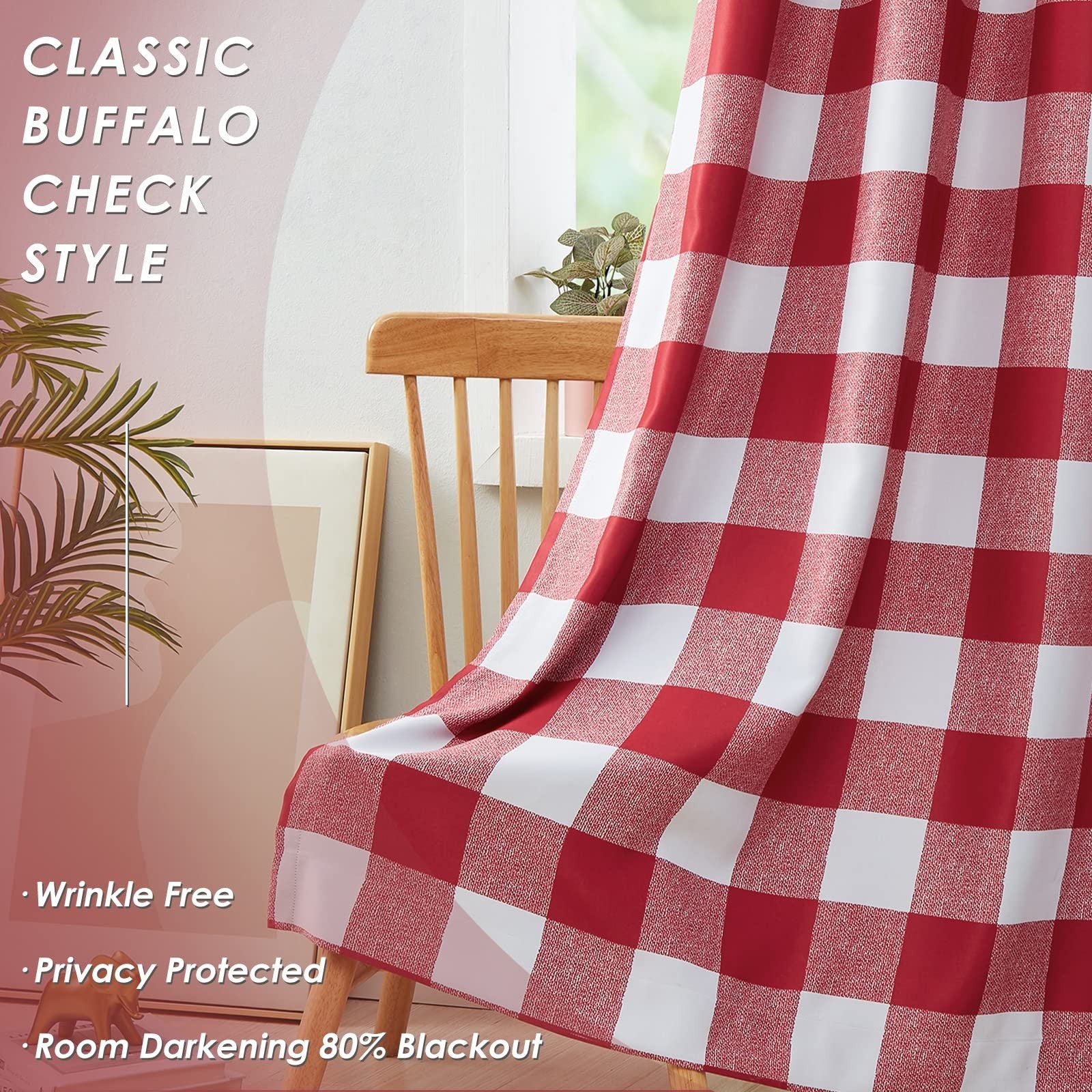 Melodieux Buffalo Check Plaid blackout curtains in black and white, 90-inch length, designed for bedroom windows.