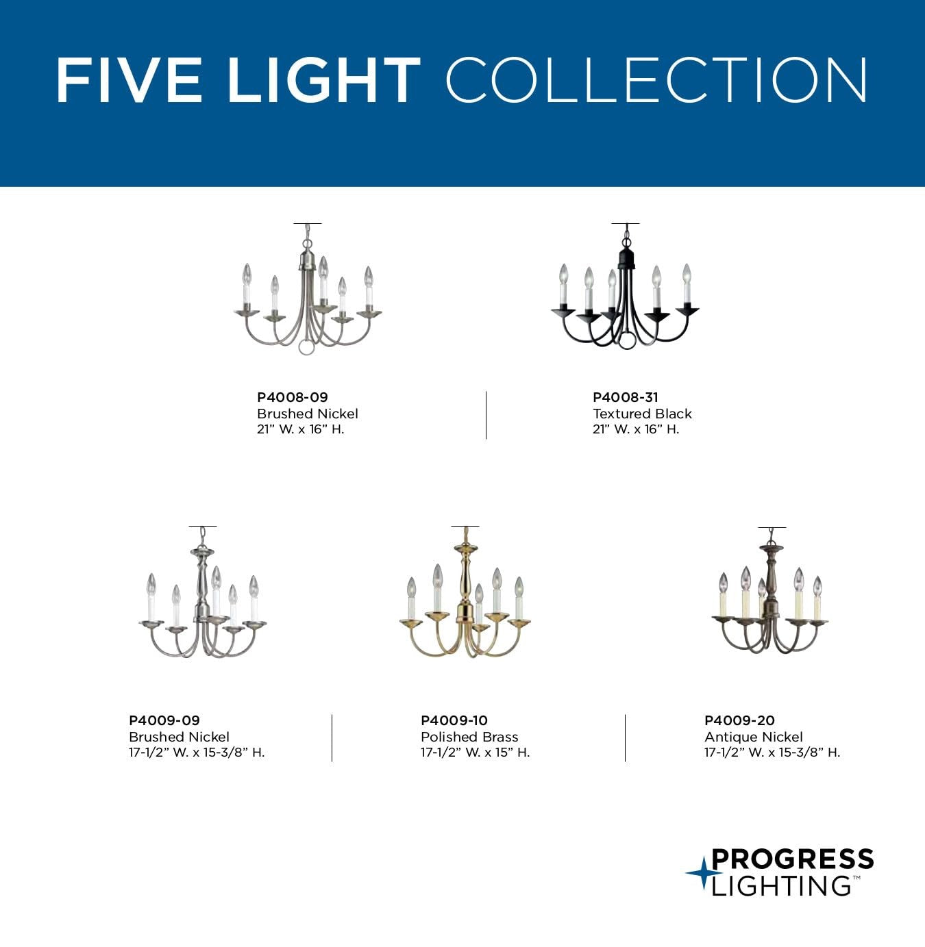Progress Lighting five-light white candles traditional chandelier with classic design and elegant candle holders.