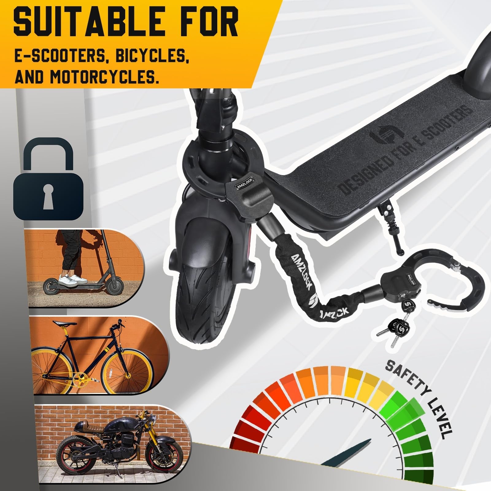Heavy-duty AMZLOCK electric scooter lock with 5/16-inch chain, anti-theft scooter accessory for secure locking.