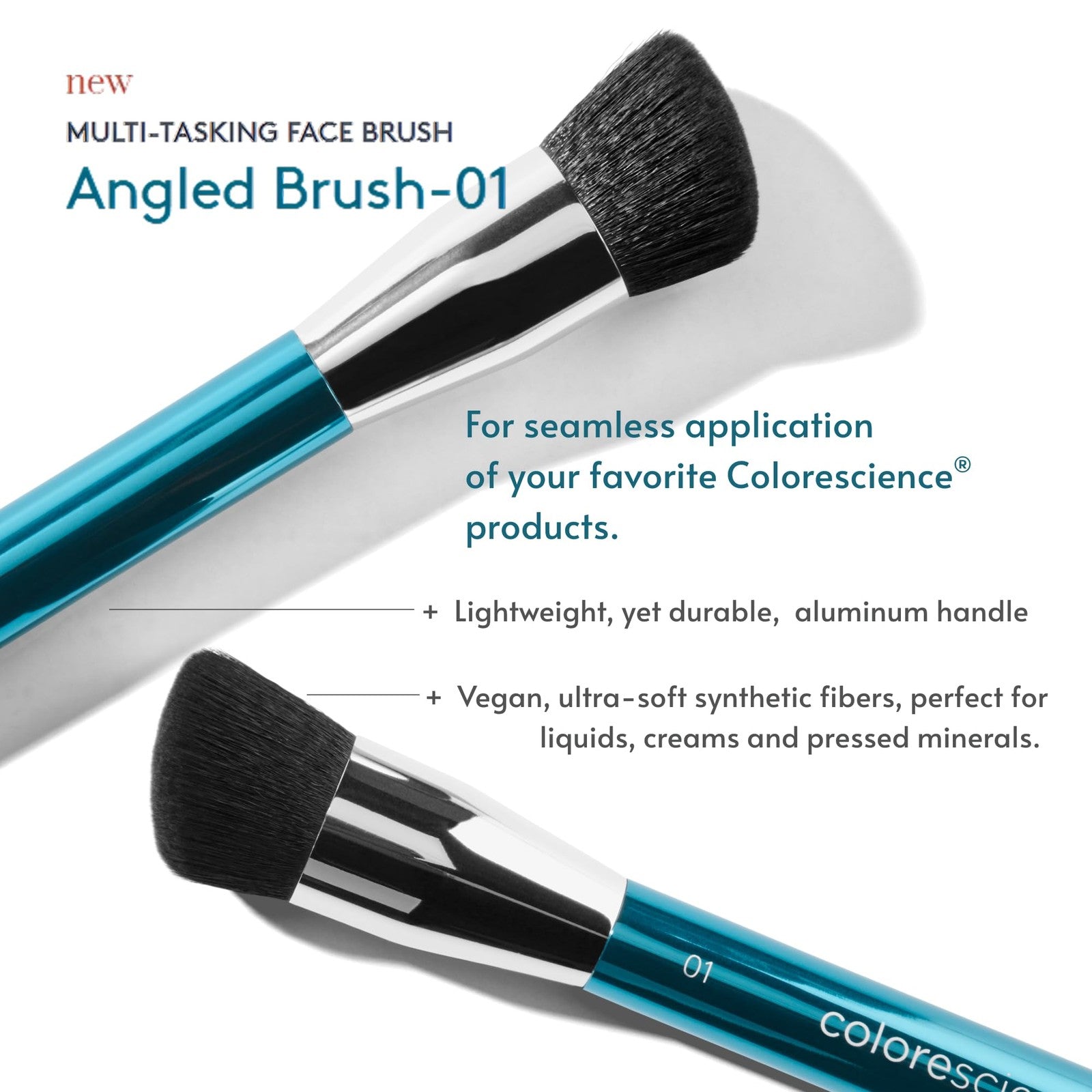 Colorescience Professional Angled Face Brush-01 with soft bristles, designed for precise makeup application on cheeks and face.