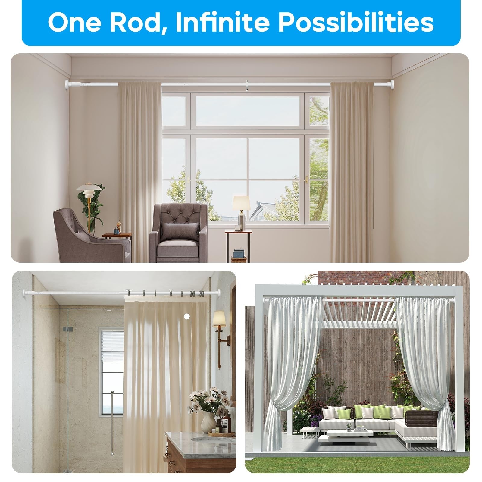 White Zipglo tension curtain rod in a bathroom, adjustable length from 40 to 185 inches, no brackets, unbranded.
