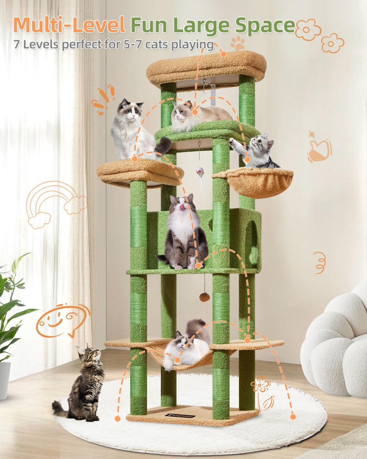 Taoqimiao 71-inch multi-level cat tree with three large perches, designed for big cats up to 20 pounds, in neutral tones.