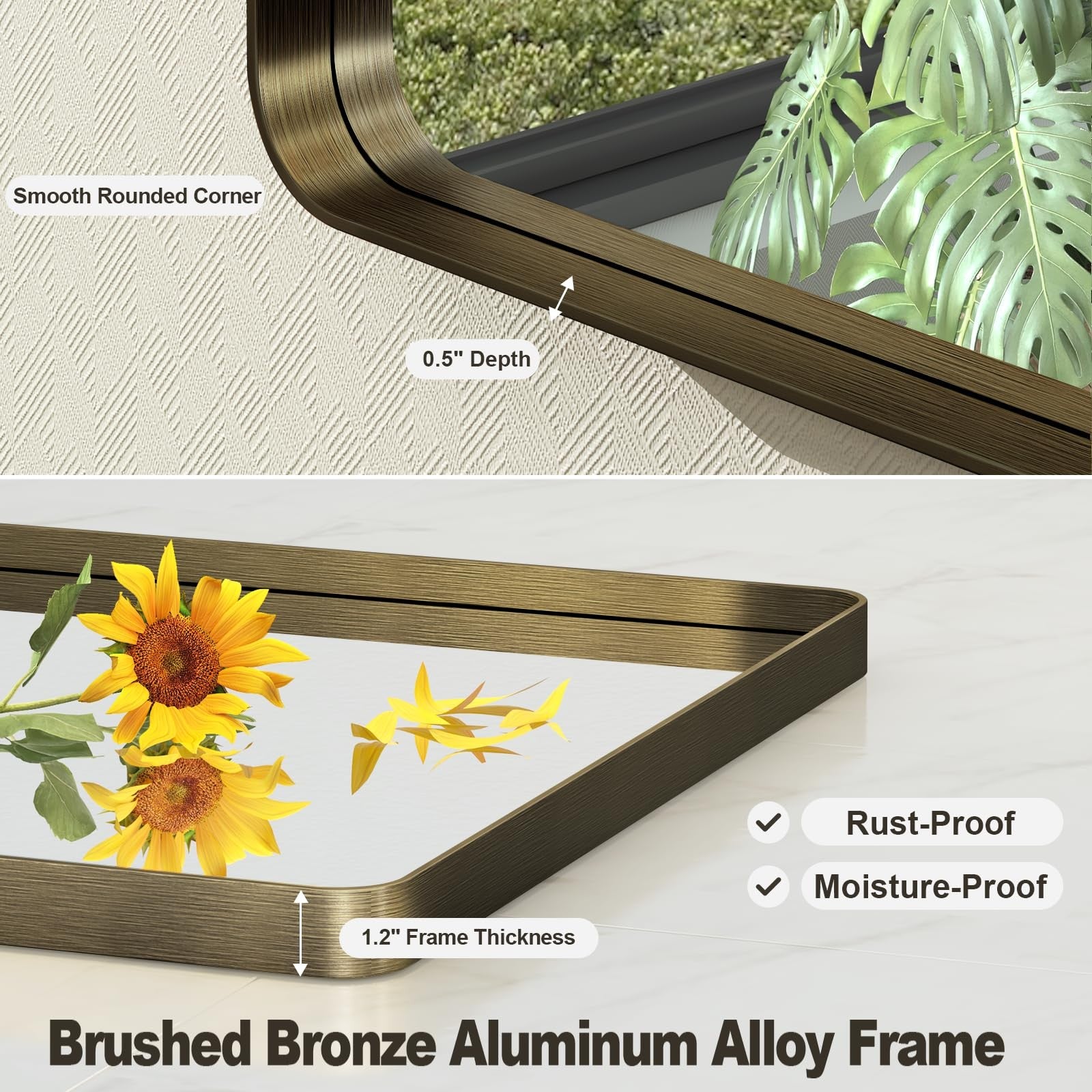 VANLIO 20x30 inch bronze framed bathroom mirror with rectangular brushed bronze metal frame, reflecting a modern bathroom setting.