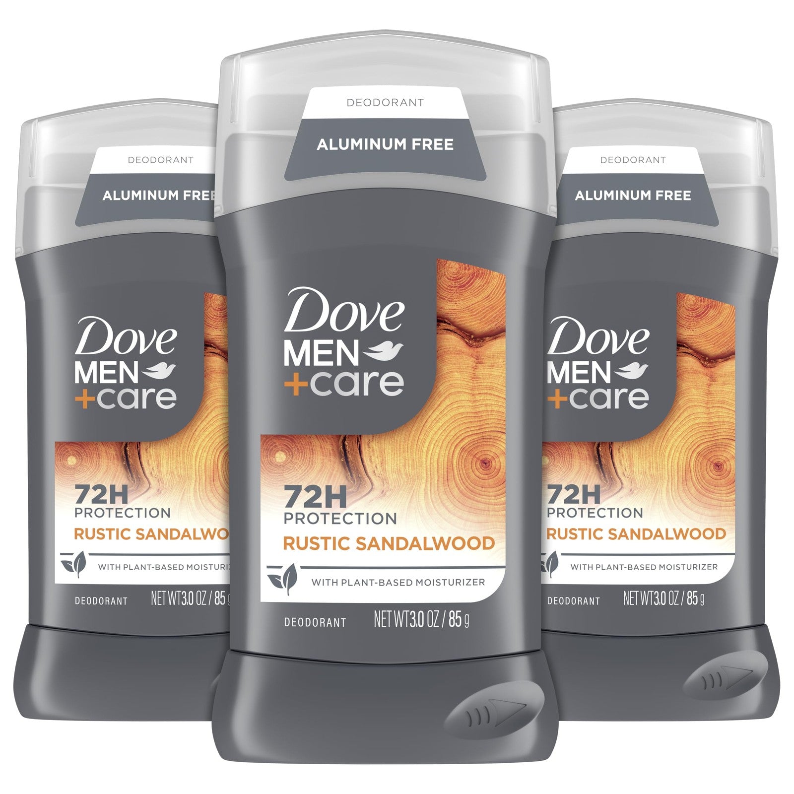 DOVE MEN + CARE Aluminum Free Deodorant Rustic Sandalwood 3oz trio pack with natural scent and sleek packaging