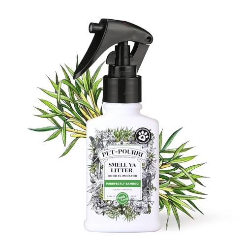 Poo-Pourri Pet-Pourri Purrfectly Bamboo cat odor freshener bundle with spray bottle, designed to neutralize litter box odors naturally.