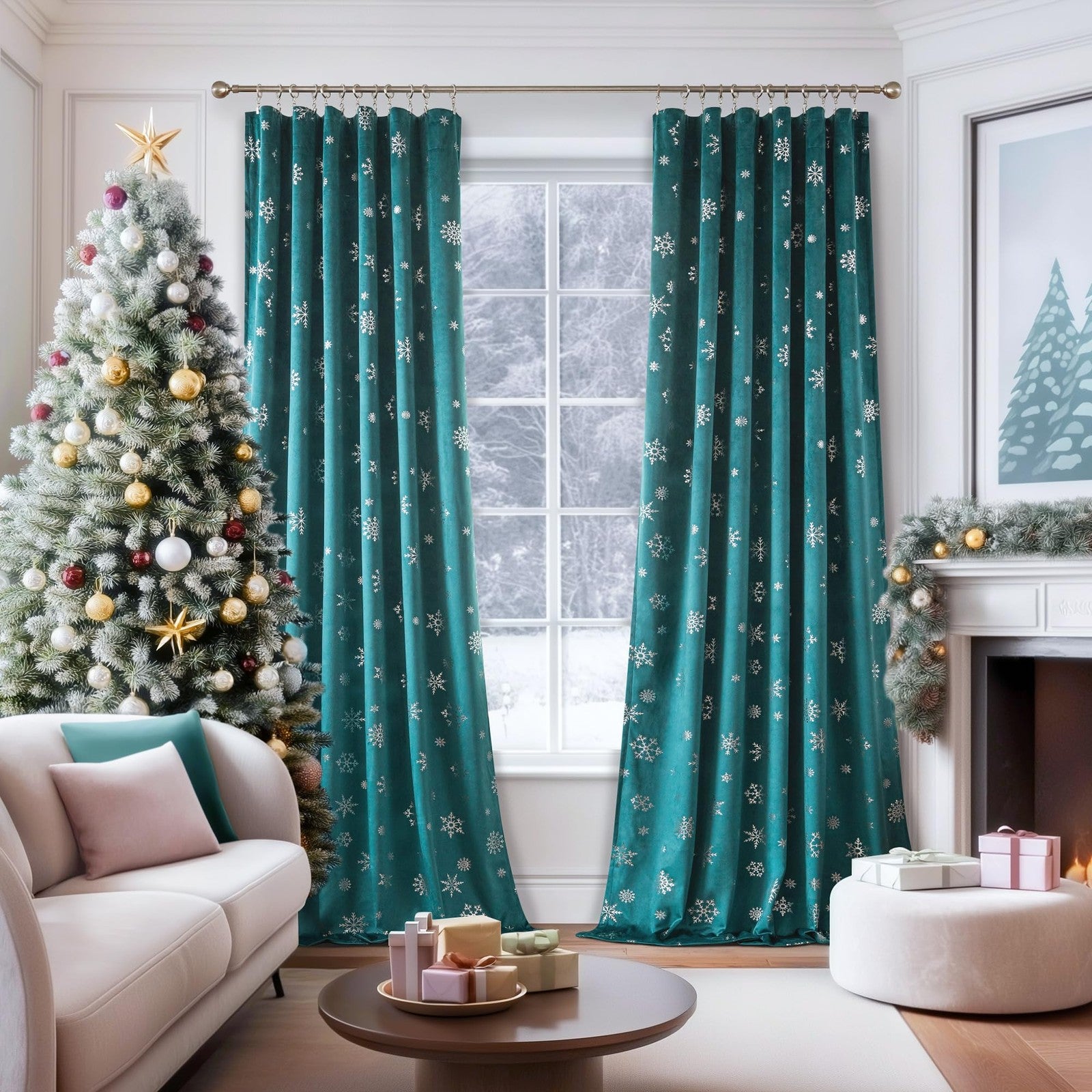 FMFUNCTEX snowflake Christmas velvet blackout curtains in black, featuring festive snowflake design and thermal insulation for bedroom.