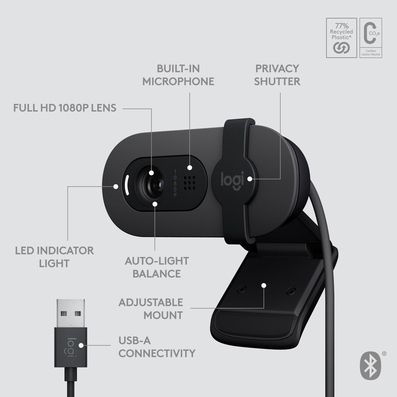 Logitech Brio 105 Full HD 1080p business webcam with auto-light balance and USB-A connection shown on desk.