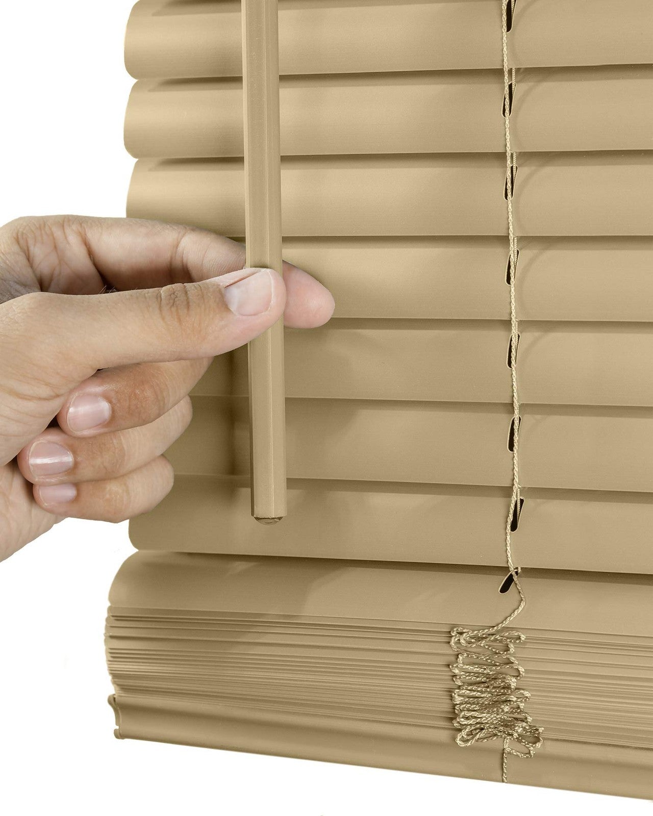 Chicology mini blinds for indoor windows, 38 W x 60 H, in cappuccino color, featuring horizontal slats on a window.
