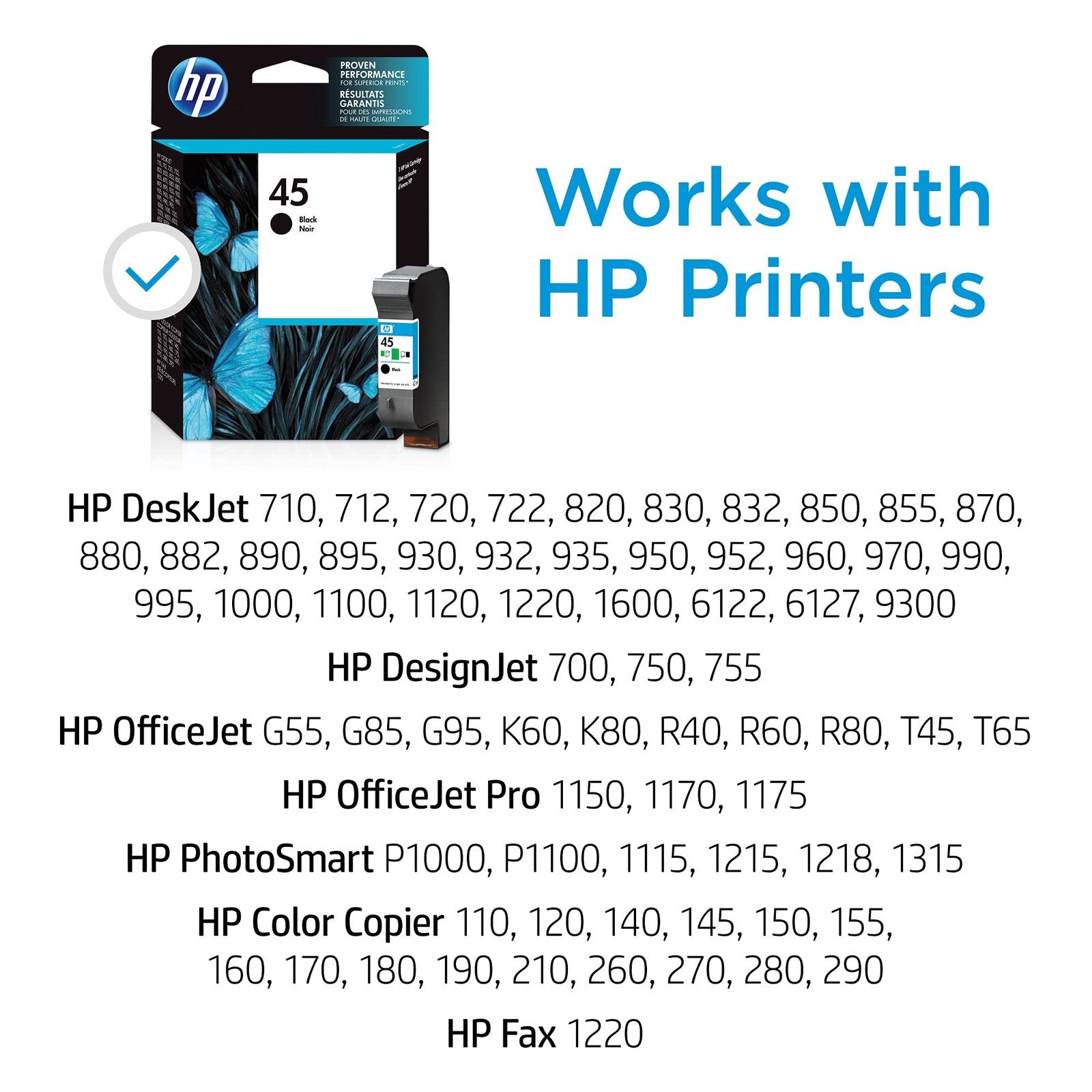 HP Original HP 45 black ink cartridge shown with packaging, compatible with select HP DeskJet and DesignJet printers.