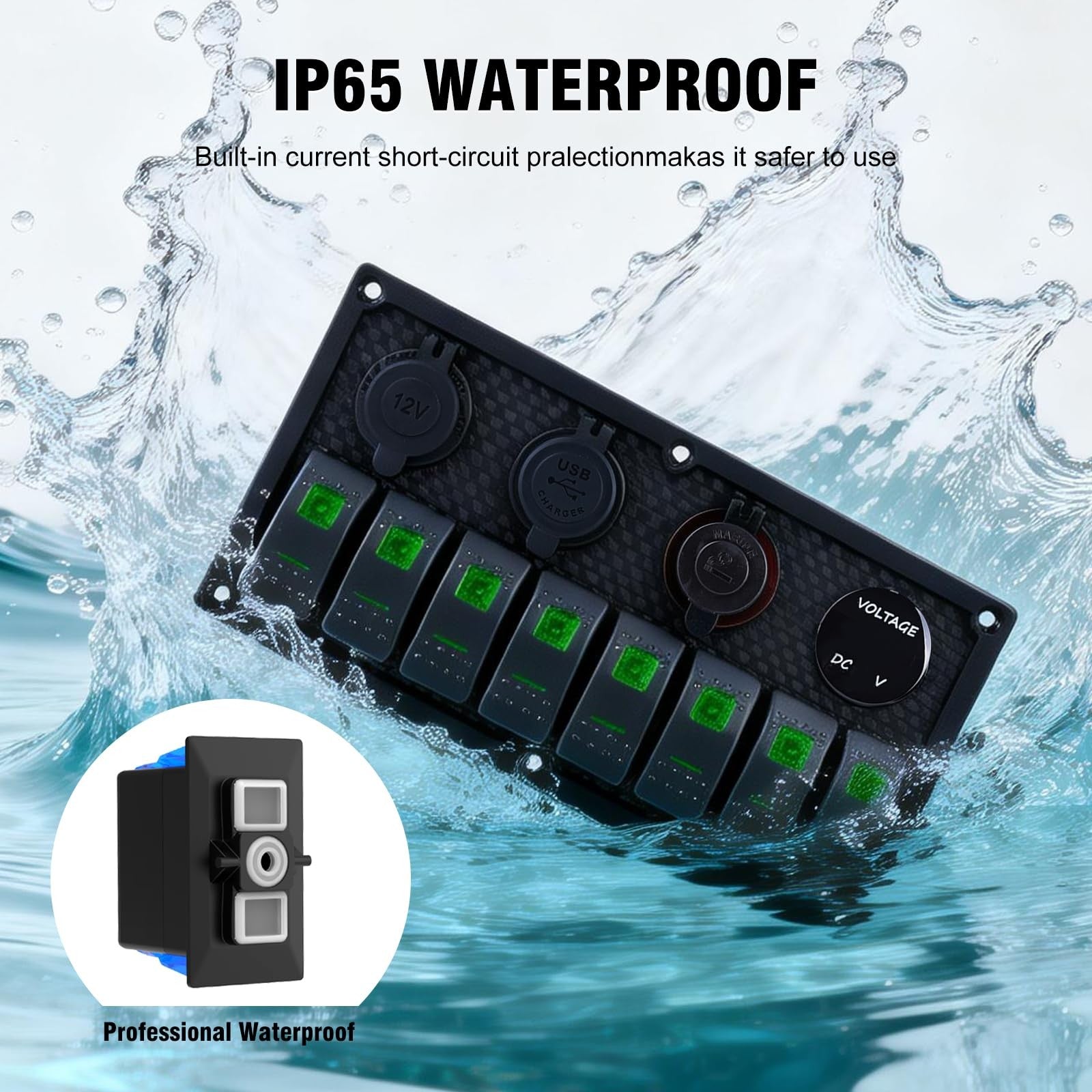 Marine switch panel with 8 rocker switches, 12/24V toggle switch panel for boat electrical control, unbranded.
