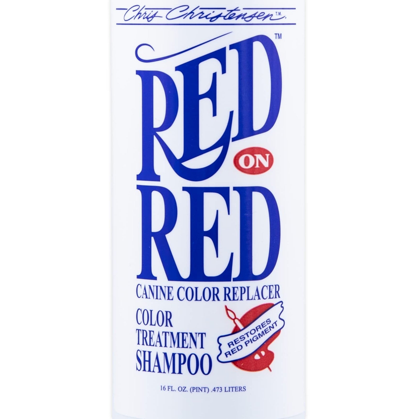 Chris Christensen Red on Red dog shampoo for red and mahogany coats, showing the bottle with vibrant label and product details.