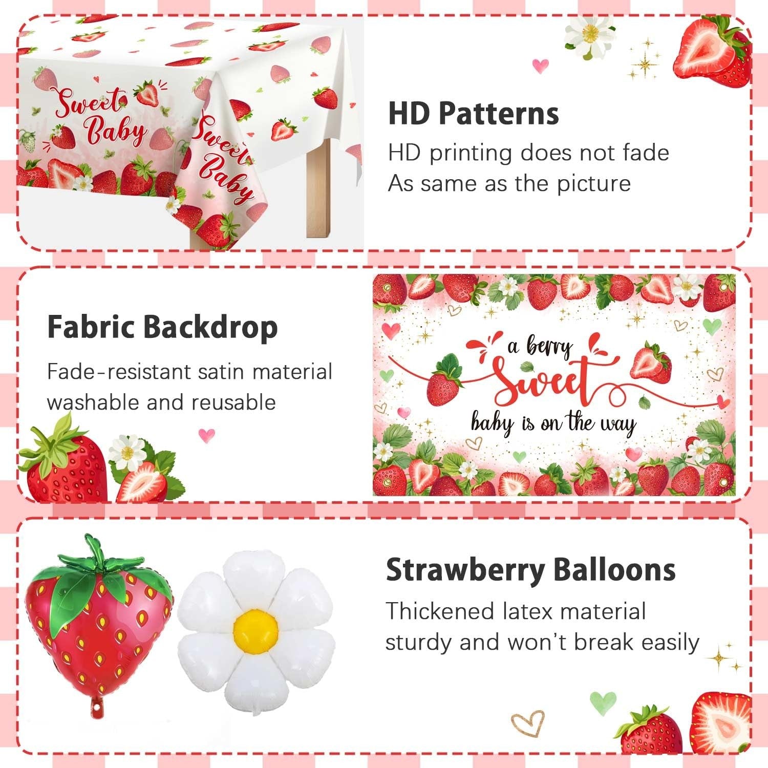 Lopeastar strawberry-themed baby shower decorations including balloons, boxes, arch banner, and sash setup.