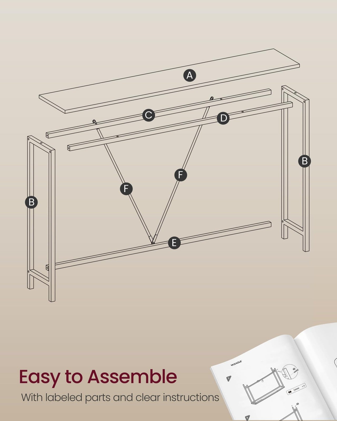 VASAGLE console sofa table, narrow entryway table with storage shelves, ideal for living room or bedroom decor.
