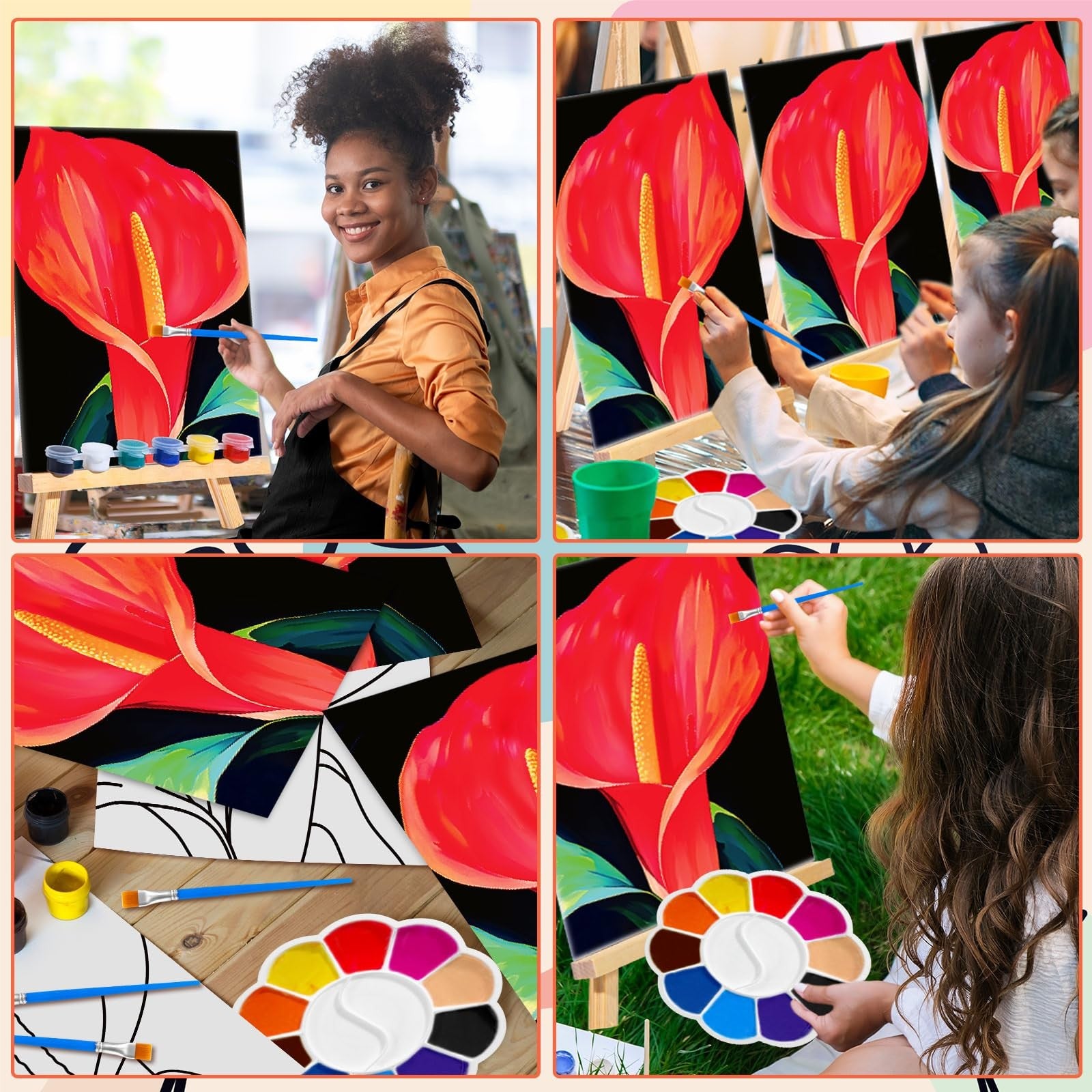 Motipuns 6-piece pre-drawn canvas set for adult painting, part of Sip and Paint kit, featuring detailed designs on each canvas.