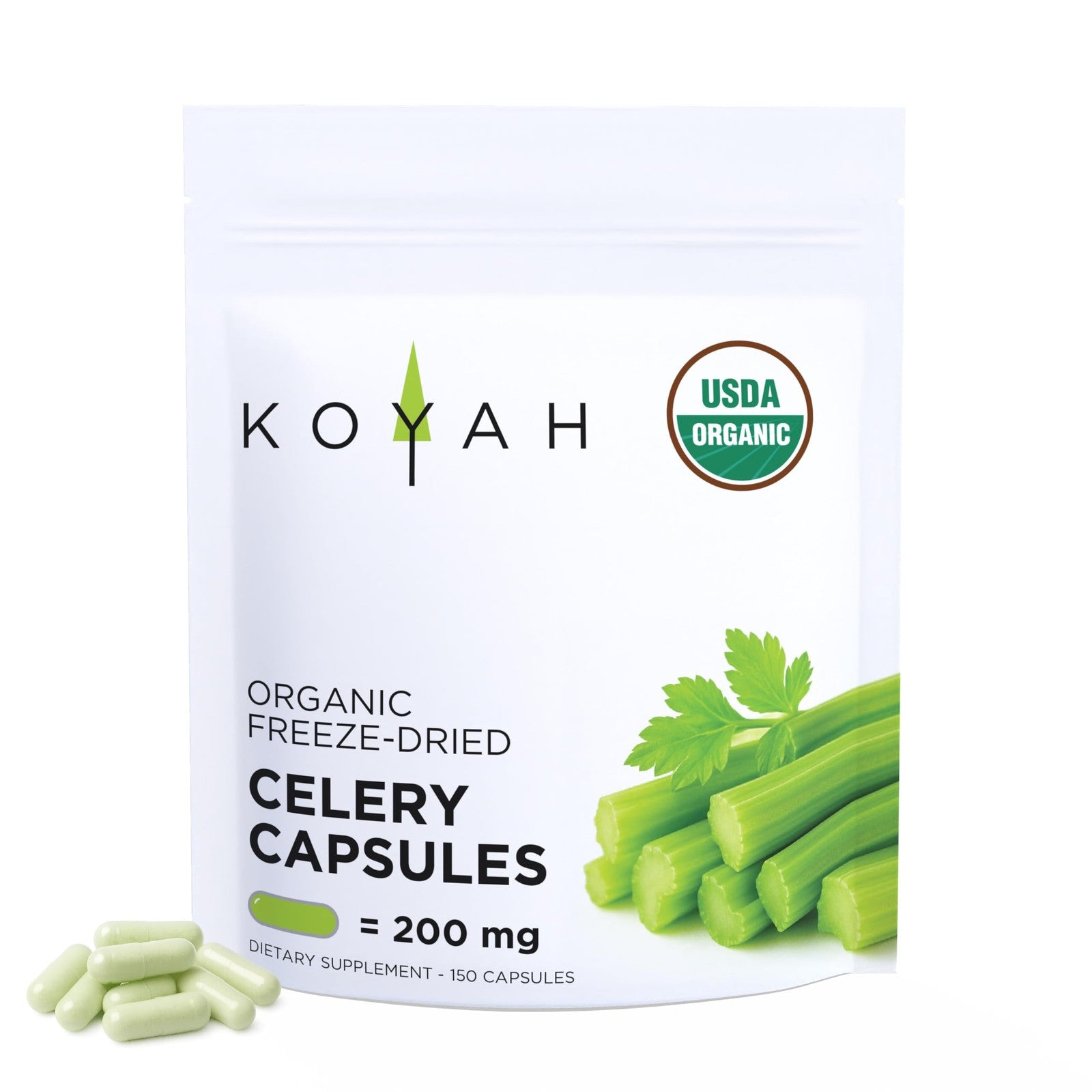 Organic KOYAH celery capsules containing freeze-dried whole-stalk powder, 200 mg, in a clear capsule form.