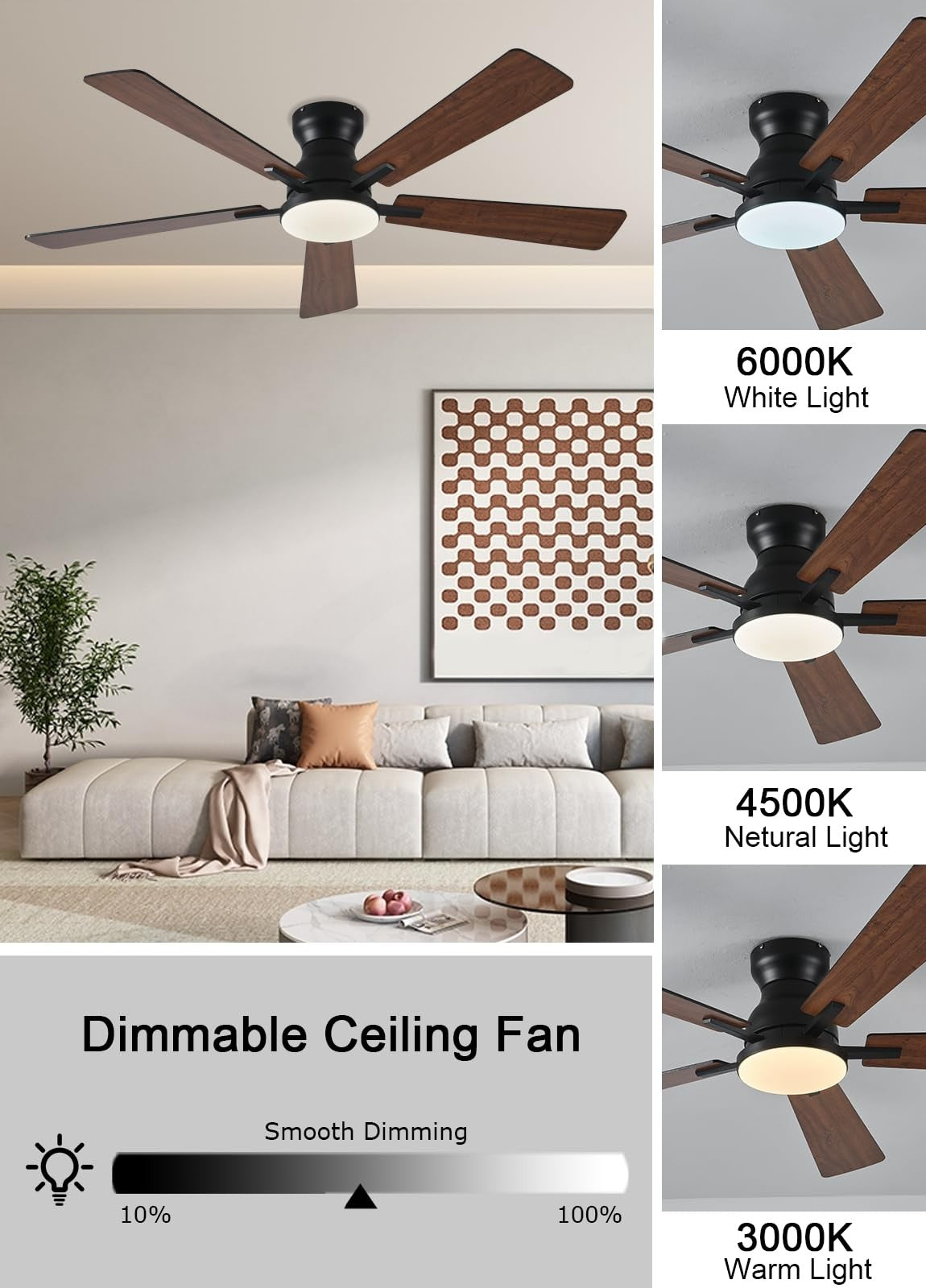 JSAITEE 52-inch ceiling fan with integrated light, remote control, and app connectivity, shown with sleek profile design and modern finish.