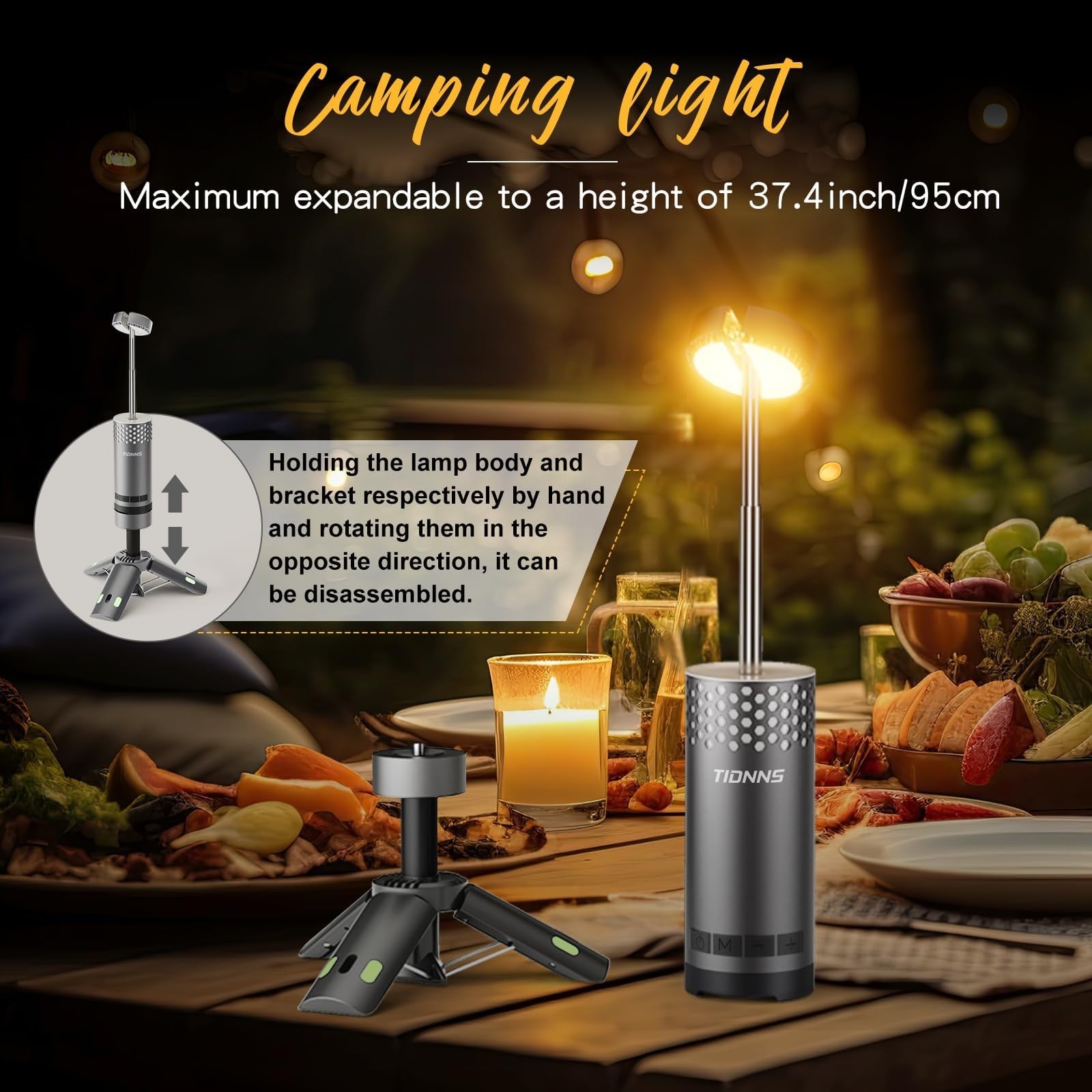 Rechargeable TIDNNS camping lantern with stand, waterproof design, detachable light for outdoor camping and emergency use