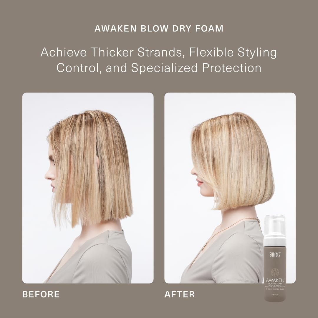 SURFACE Hair Awaken Thickening Blow Dry Foam for fine, fragile hair, providing volume, protection, and strengthening during styling.