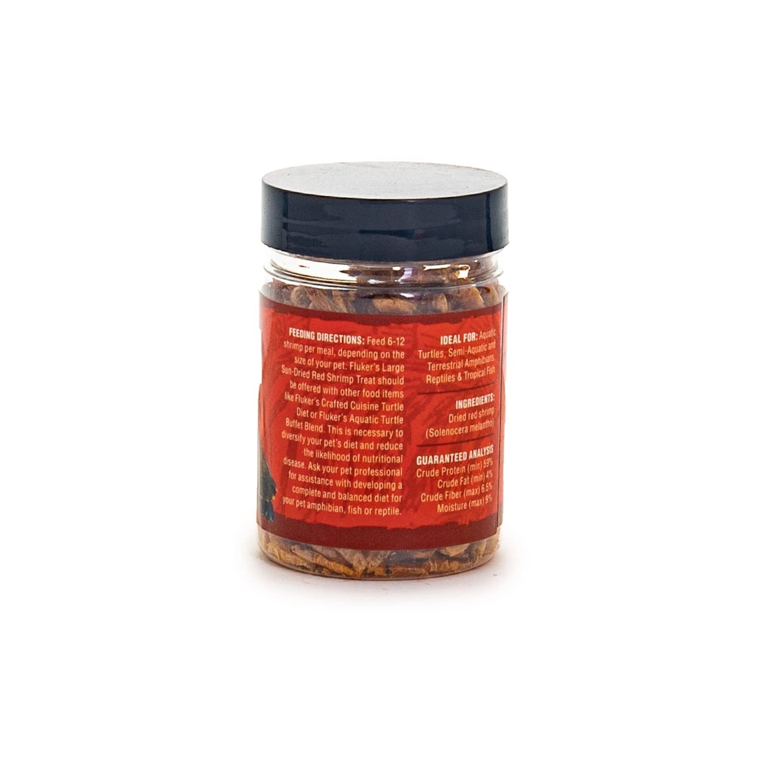 Fluker's All Natural Large Sun-Dried Red Shrimp turtle food treat, high protein, shown in a clear close-up image.