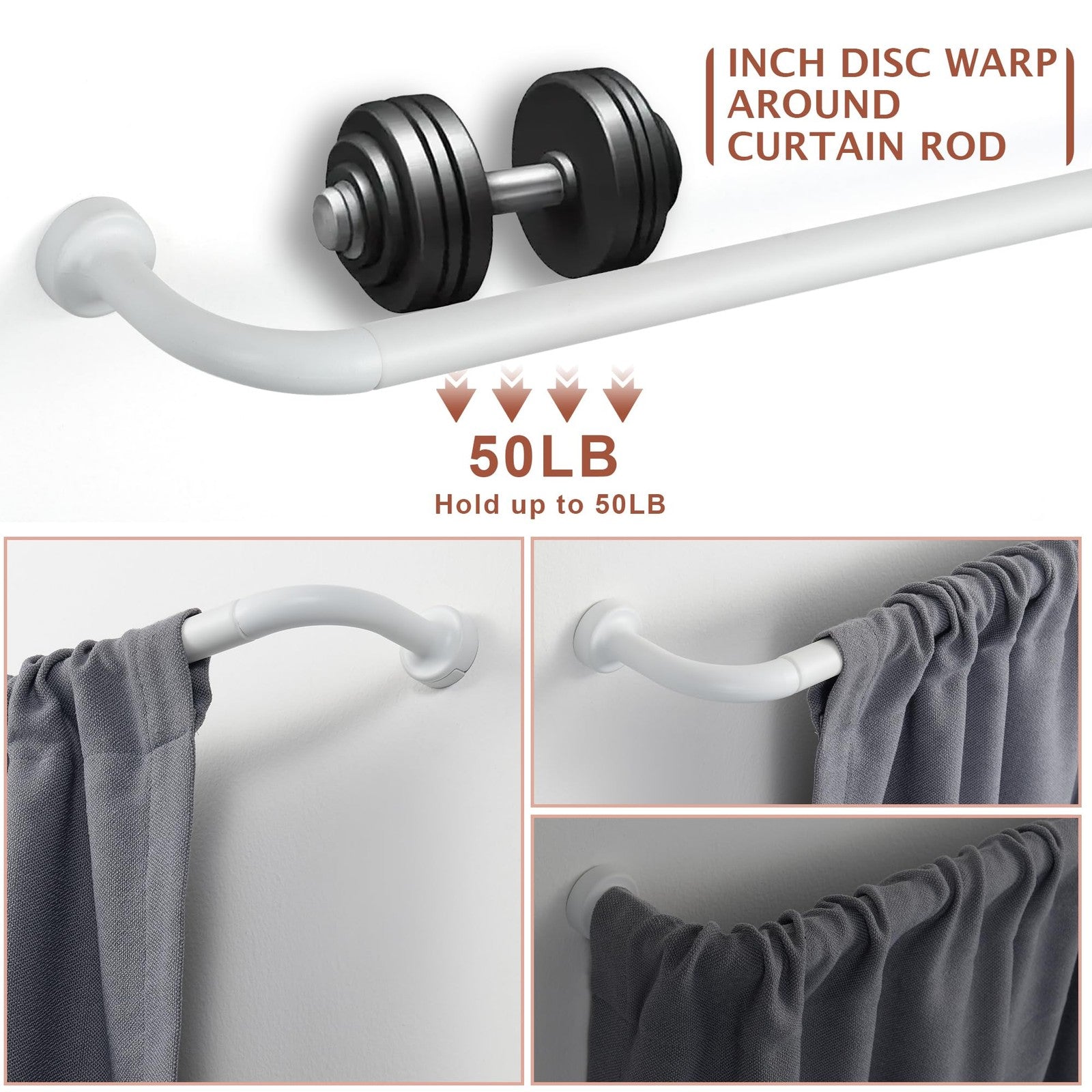 Matte white curtain rods by Lwiiom with 1-inch disc wrap-around design, suitable for windows 66 to 120 inches wide.