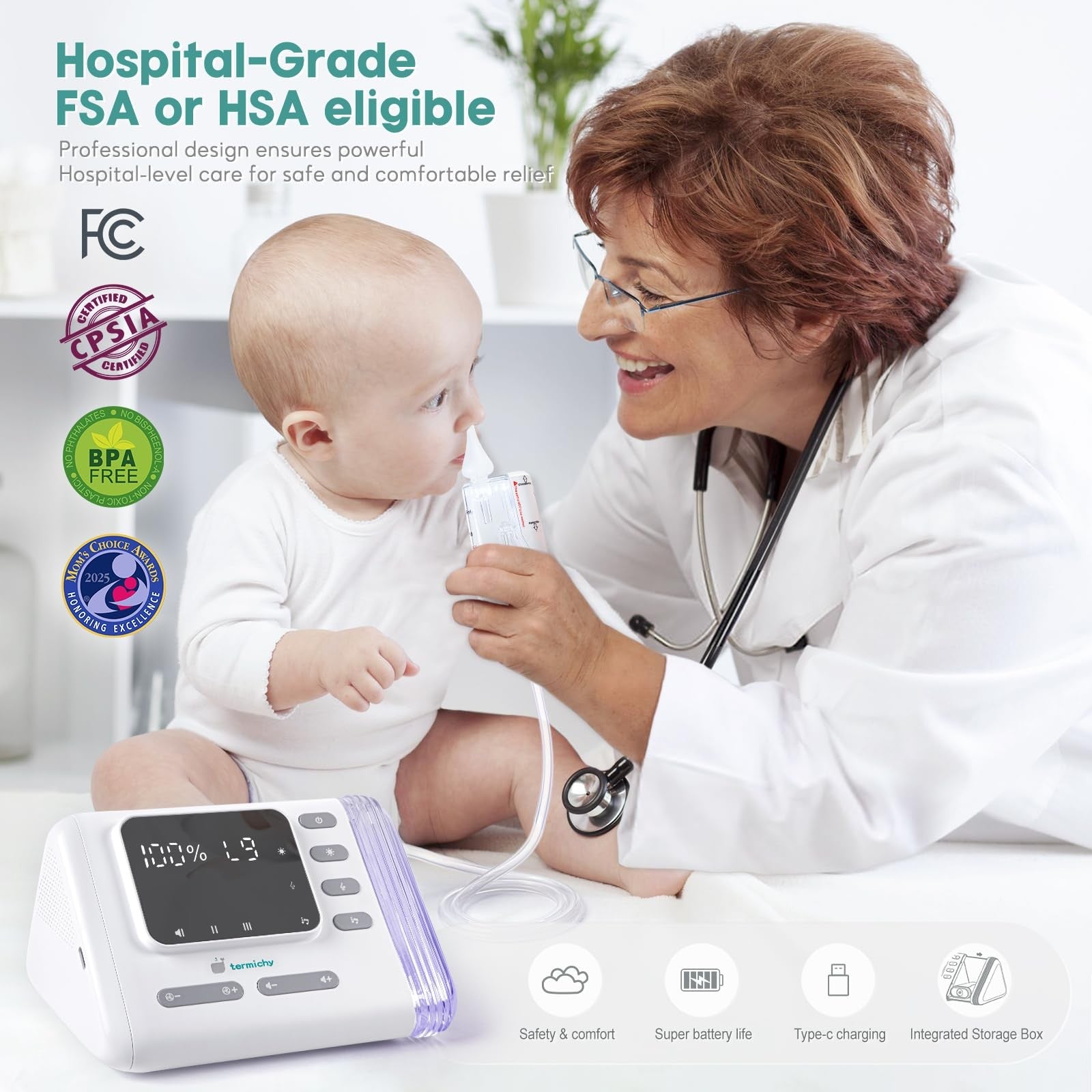 Termichy electric nasal aspirator for babies with rechargeable design and 9 levels of suction, shown in a close-up image.