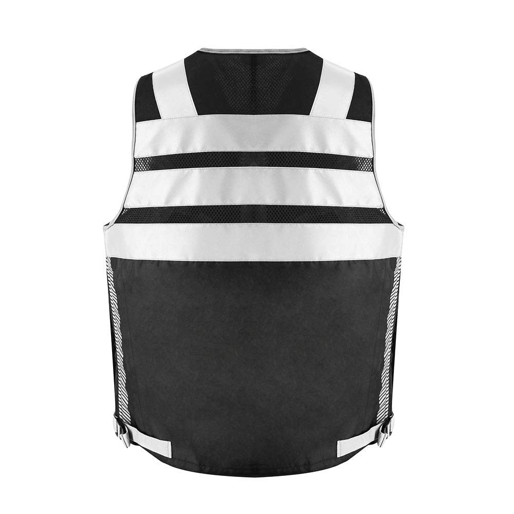 Hi-Vis black knitted safety vest with 3M reflective stripes and 10 pockets, designed for visibility and utility.