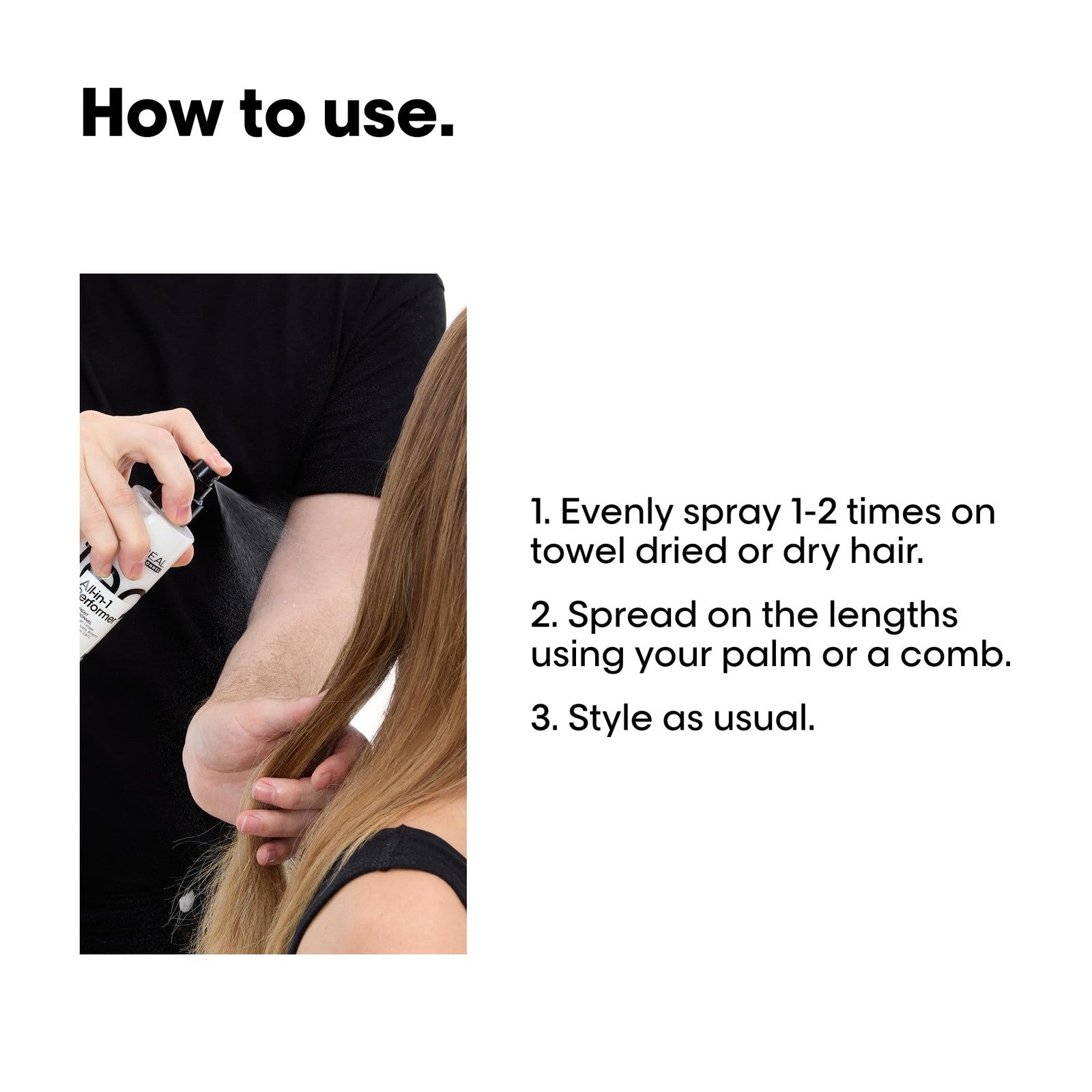 L'Oréal Professionnel Tecni.art All-in-1 Performer styling treatment spray bottle on a white background.