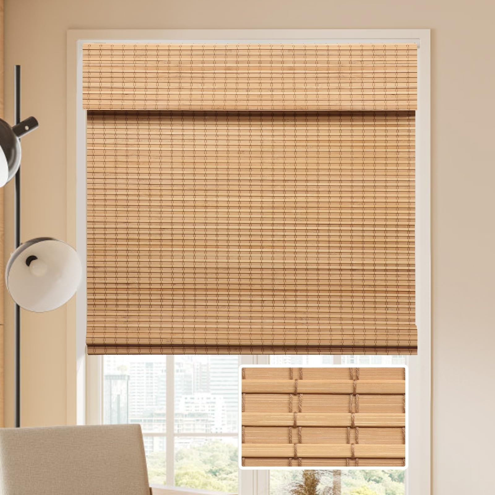LUCKUP cordless bamboo Roman blinds shade for indoor windows, black-out room darkening, with a sleek black finish.