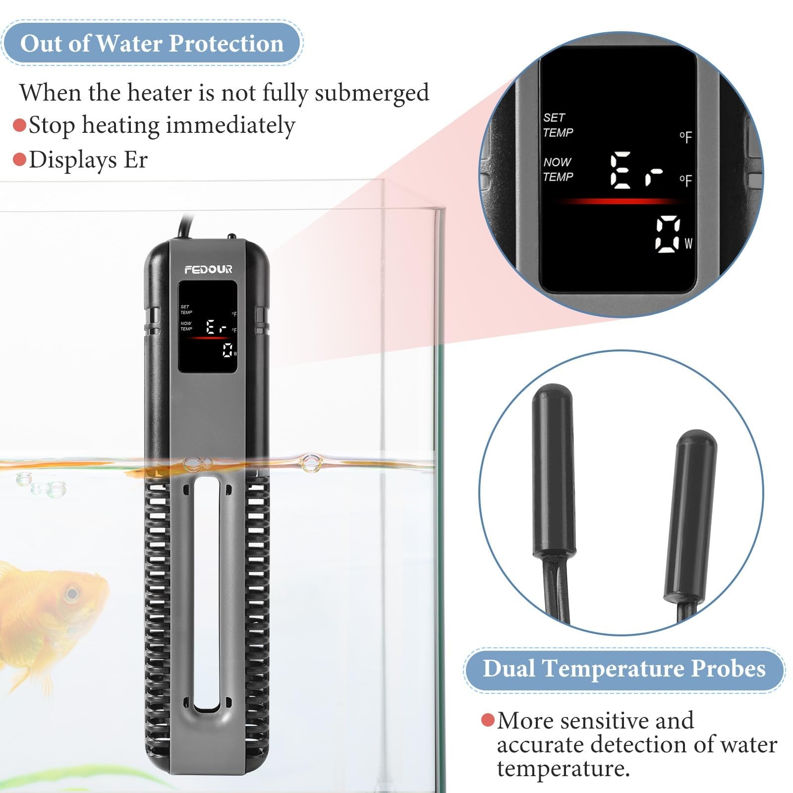 FEDOUR titanium aquarium heater with digital LED display, 600W/800W power, external controller for precise water temperature control
