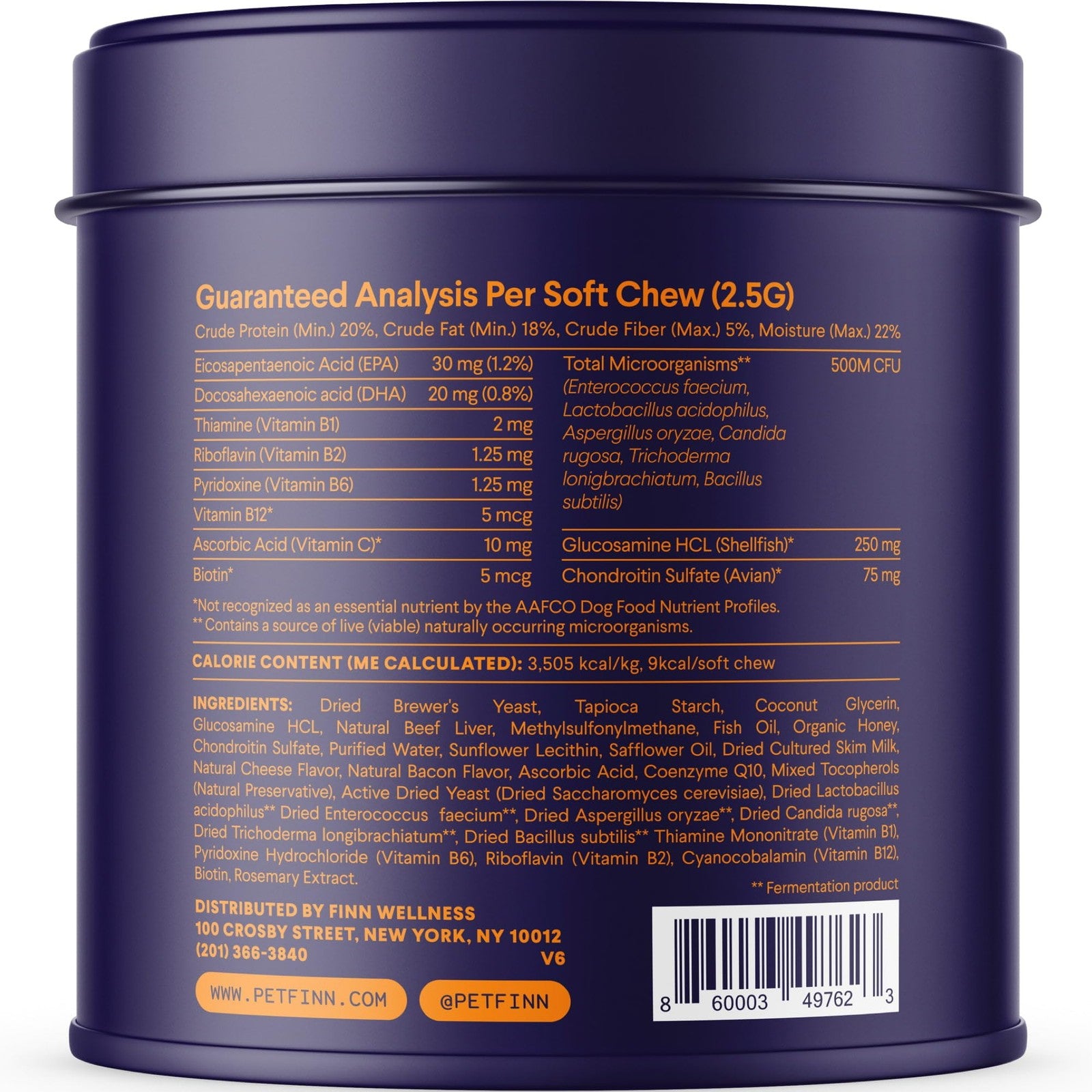 Finn All-in-1 Dog Multivitamin with probiotics, omegas, and nutrients, shown in a bottle with tablets and a dog.