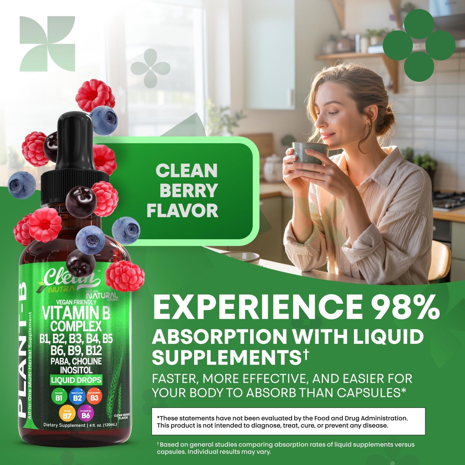 Clean Nutraceuticals Vitamin B Complex Liquid Drops with Thiamine B1, B6, B2, B3, B5, B7, B9, B12 bottles.