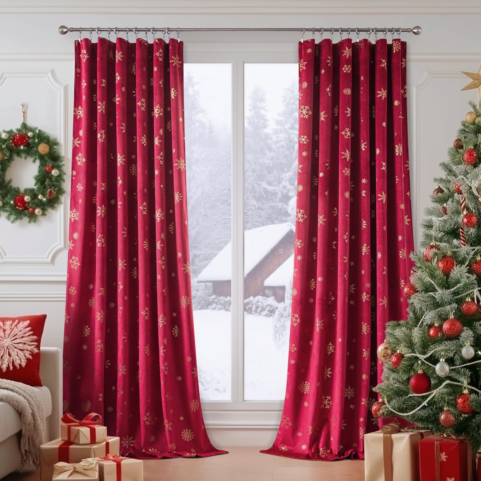 FMFUNCTEX red velvet blackout curtains for bedroom with thermal insulation, featuring a festive Christmas design and black-out fabric.