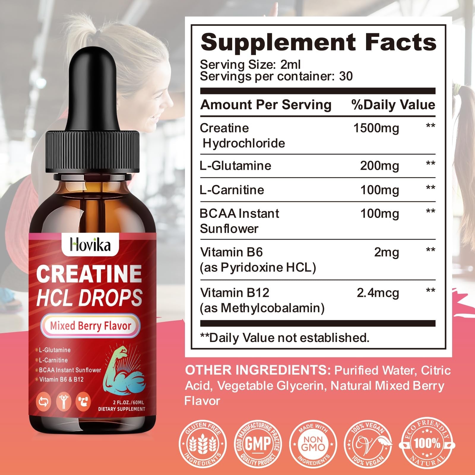 Hovika Creatine HCL Liquid Drops with L-Carnitine, supplement for men and women, showing a dropper bottle with clear liquid.