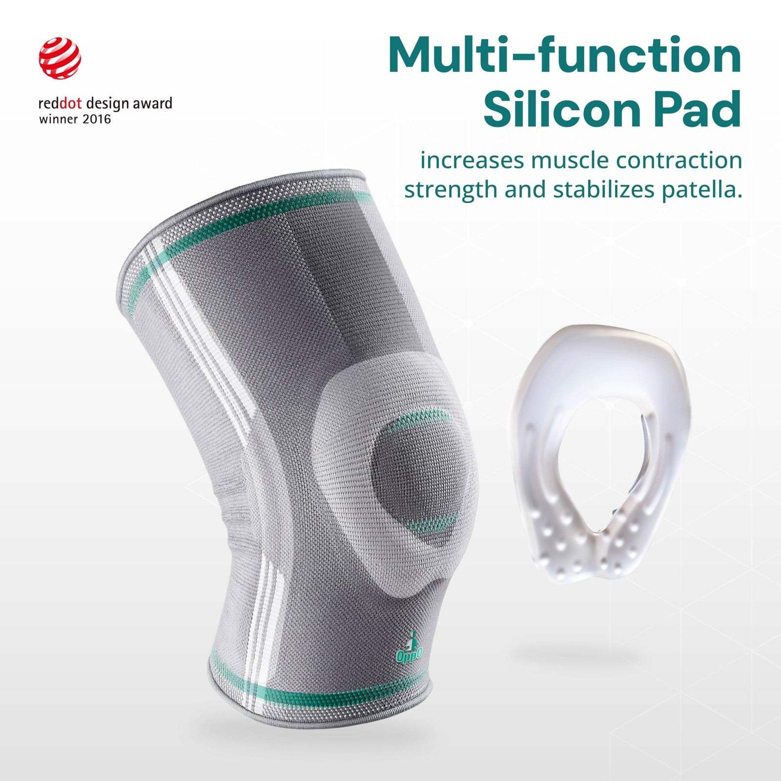 Gray OPPO 2320 Knee Compression Sleeve with gel pad and side stabilizers for men, medium size, nylon material