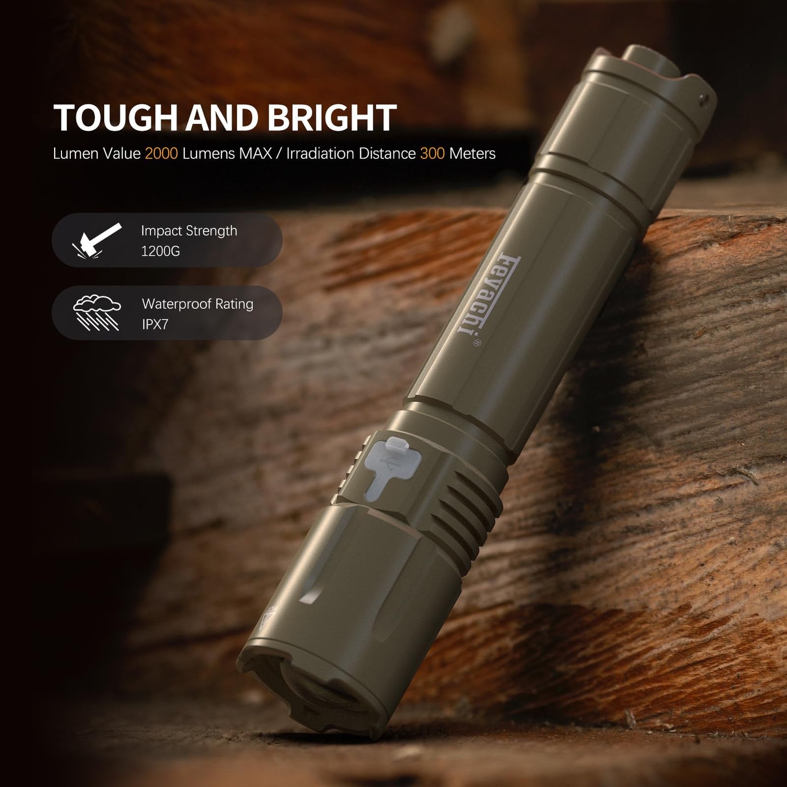 Feyachi tactical flashlight with M Lock mount, offset design, and pressure switch for firearm use, featuring a durable hard-anodized finish.