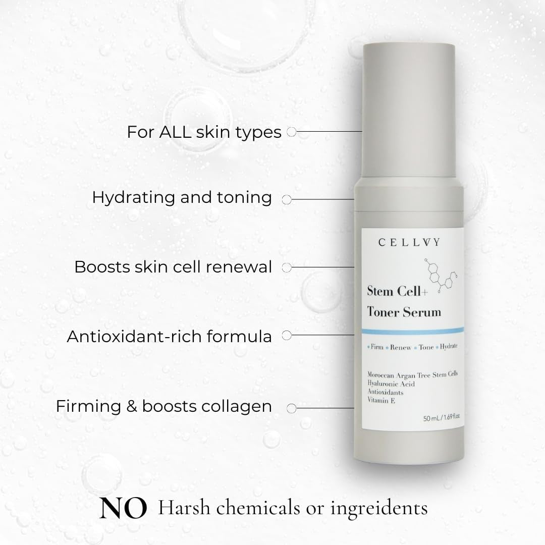 CELLVY Korean Stem Cell Toner Serum with Moroccan Argan Tree Stem Cells and Hyaluron, featuring a clear bottle with serum and plant ingredients