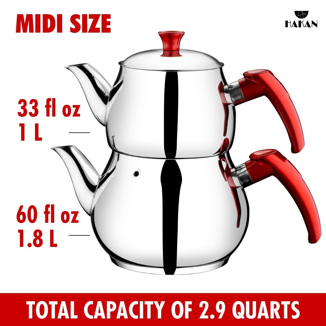 Hakan stainless steel teapot set with 93 oz capacity, self-strainer, double lids, and midi size, shown with a lid and spout.