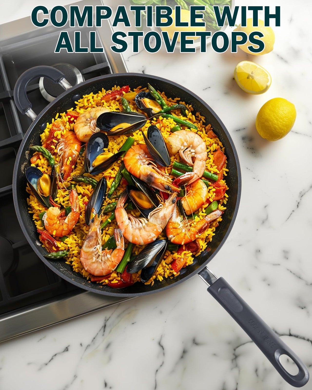Cook N Home 12-inch hard anodized nonstick wok with lid, nonstick stir-fry pan, featuring a black handle and glossy surface.