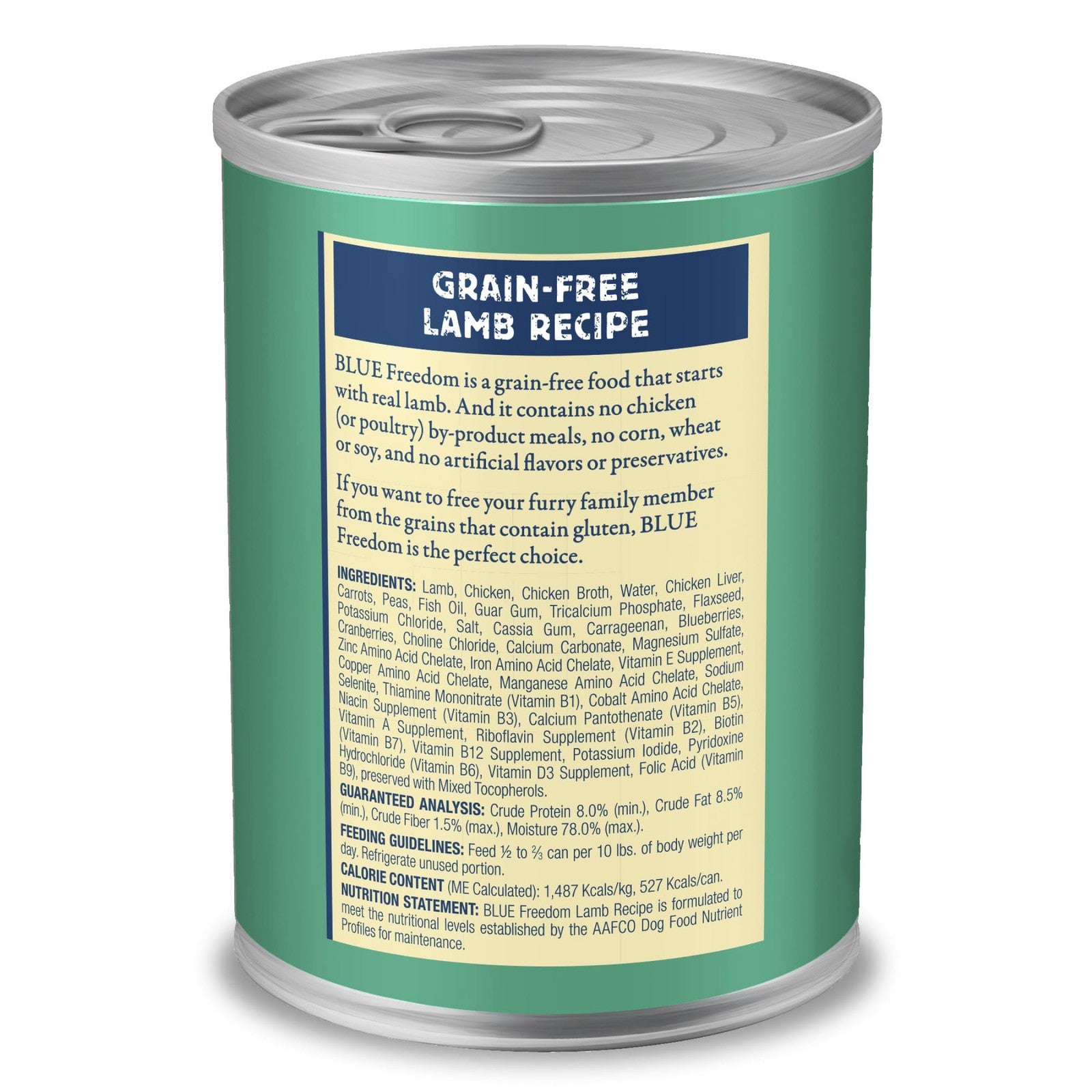 Blue Buffalo Freedom grain-free wet dog food cans with lamb flavor, showing 12.5 oz cans stacked in a pack.