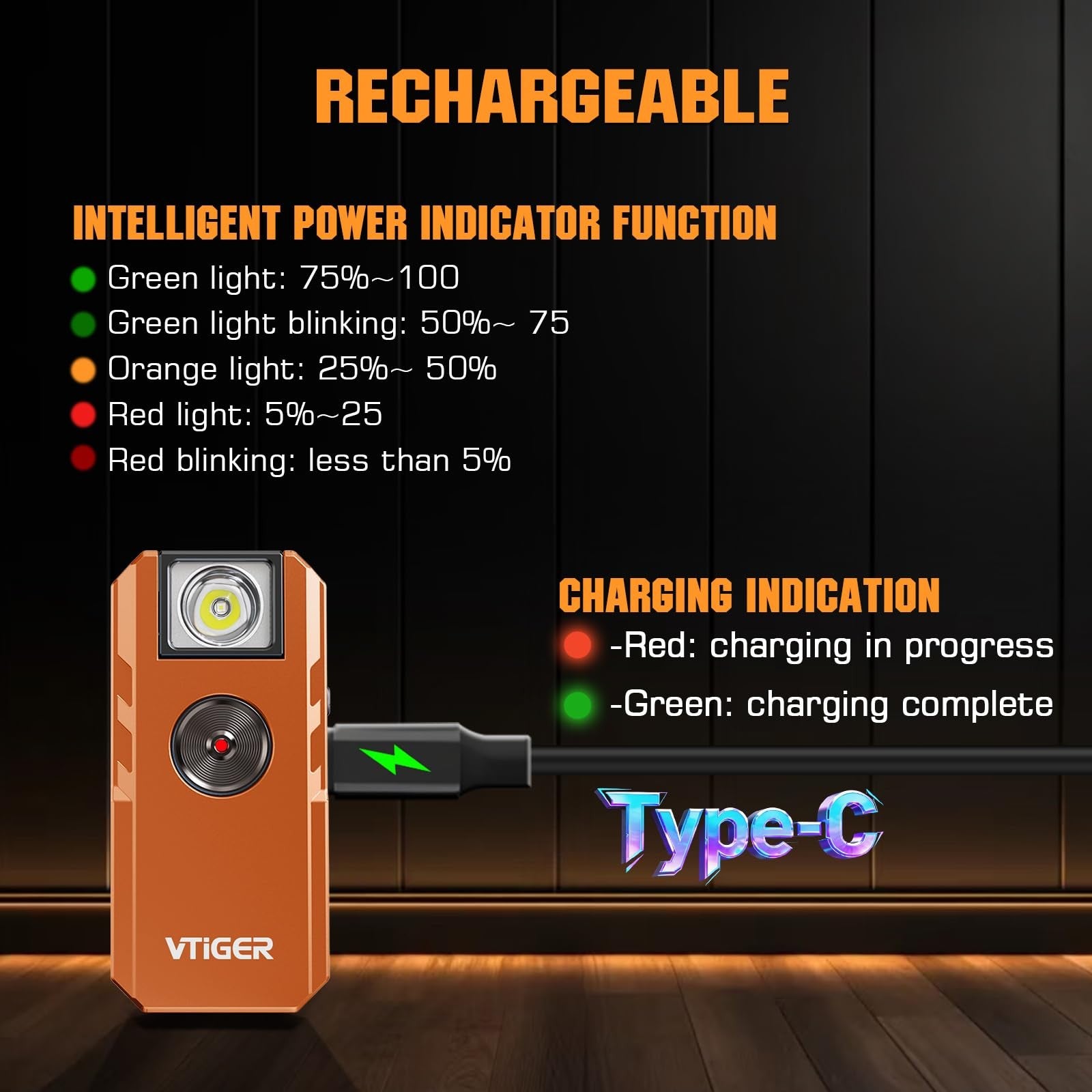 VTIGER C1 rechargeable EDC flashlight with clip, 1300 lumens, compact portable design, suitable for everyday carry and outdoor use.