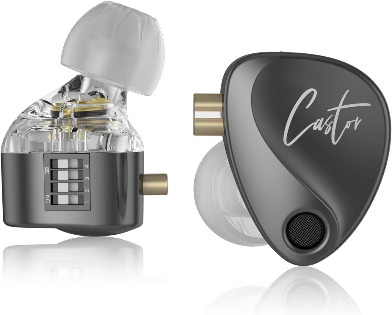 KZ Castor improved bass earbuds with microphone and tuning, shown with black in-ear design and inline remote for calls.