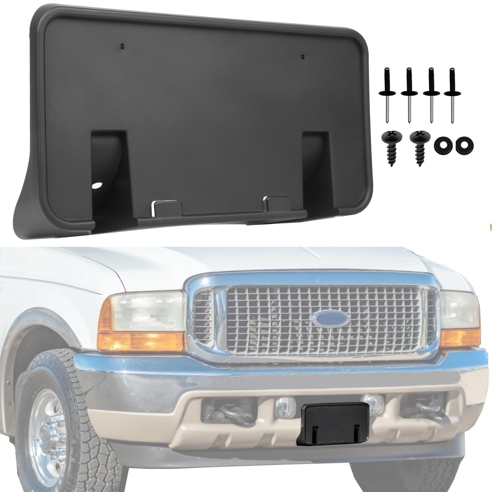OKPARZ replacement front bumper license plate frame bracket for 1999-2004 Ford F series trucks, showing the sturdy metal construction.