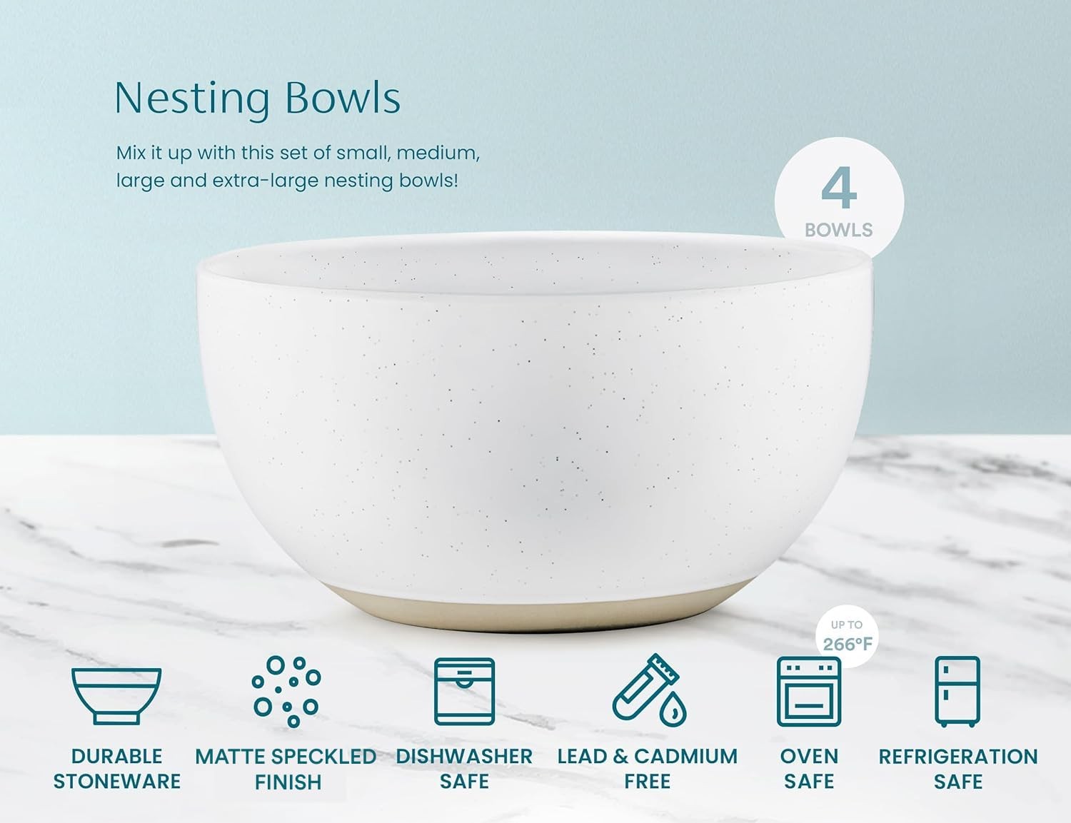 Set of KooK ceramic nesting mixing bowls, stoneware kitchen bowls for prep, featuring various sizes and smooth, glazed finishes.