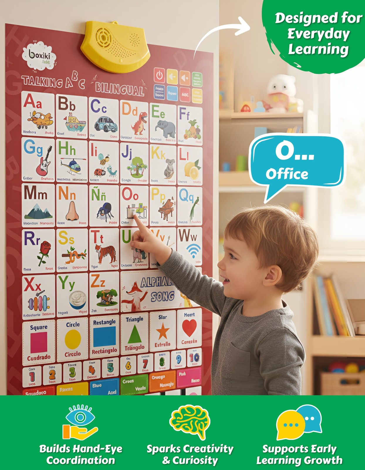 Boxiki Kids bilingual English and Spanish interactive alphabet wall chart for children, featuring colorful letters and educational design.