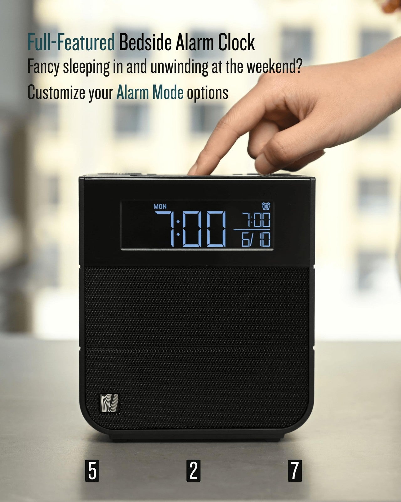 Soundfreaq Sound Rise II SFQ-16 bedside alarm clock radio with Bluetooth speaker, showing digital display and control buttons