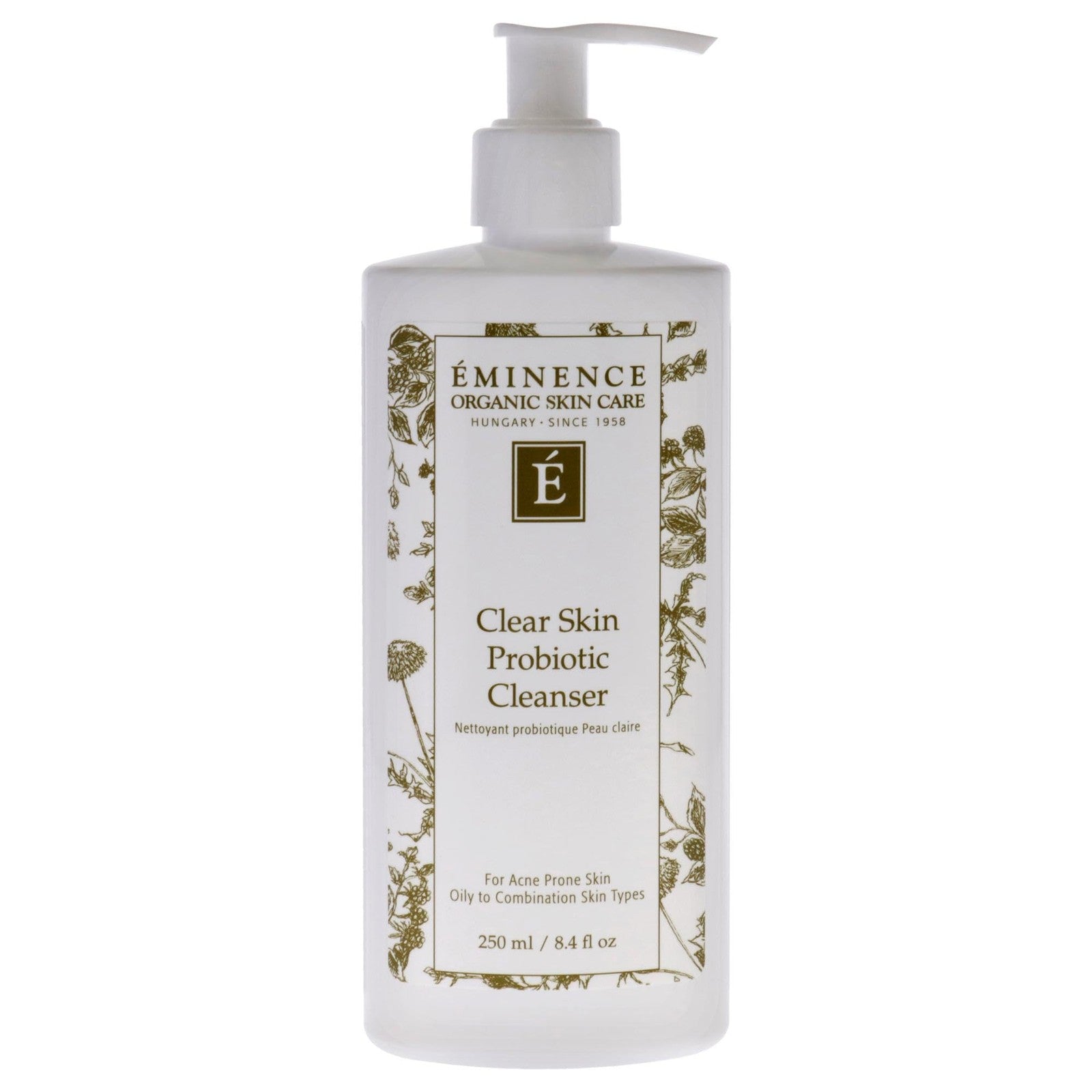 Eminence Clear Skin Probiotic Cleanser in an 8.4-ounce bottle, featuring a pump dispenser and clear label on a white background.