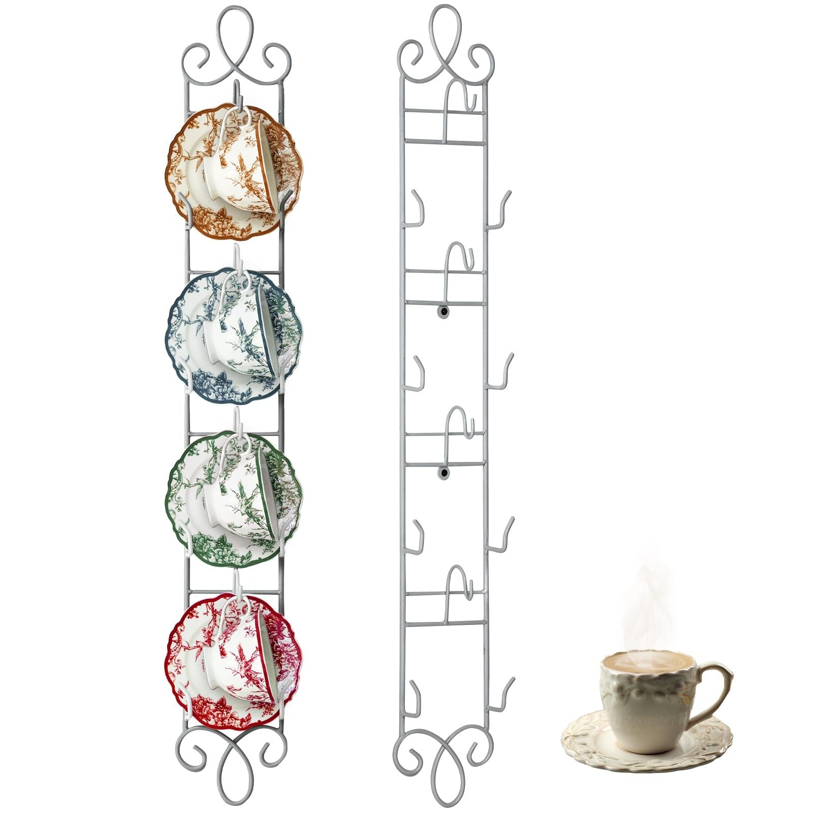 Blulu 2-piece wall-mounted metal tea cup and saucer display rack with 4 tiers for organizing mugs and cups.